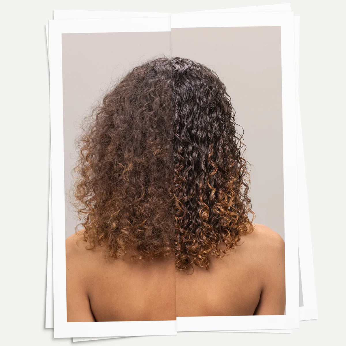 Comparison of damaged curly hair on the left side vs. healthy curly hair on the right side