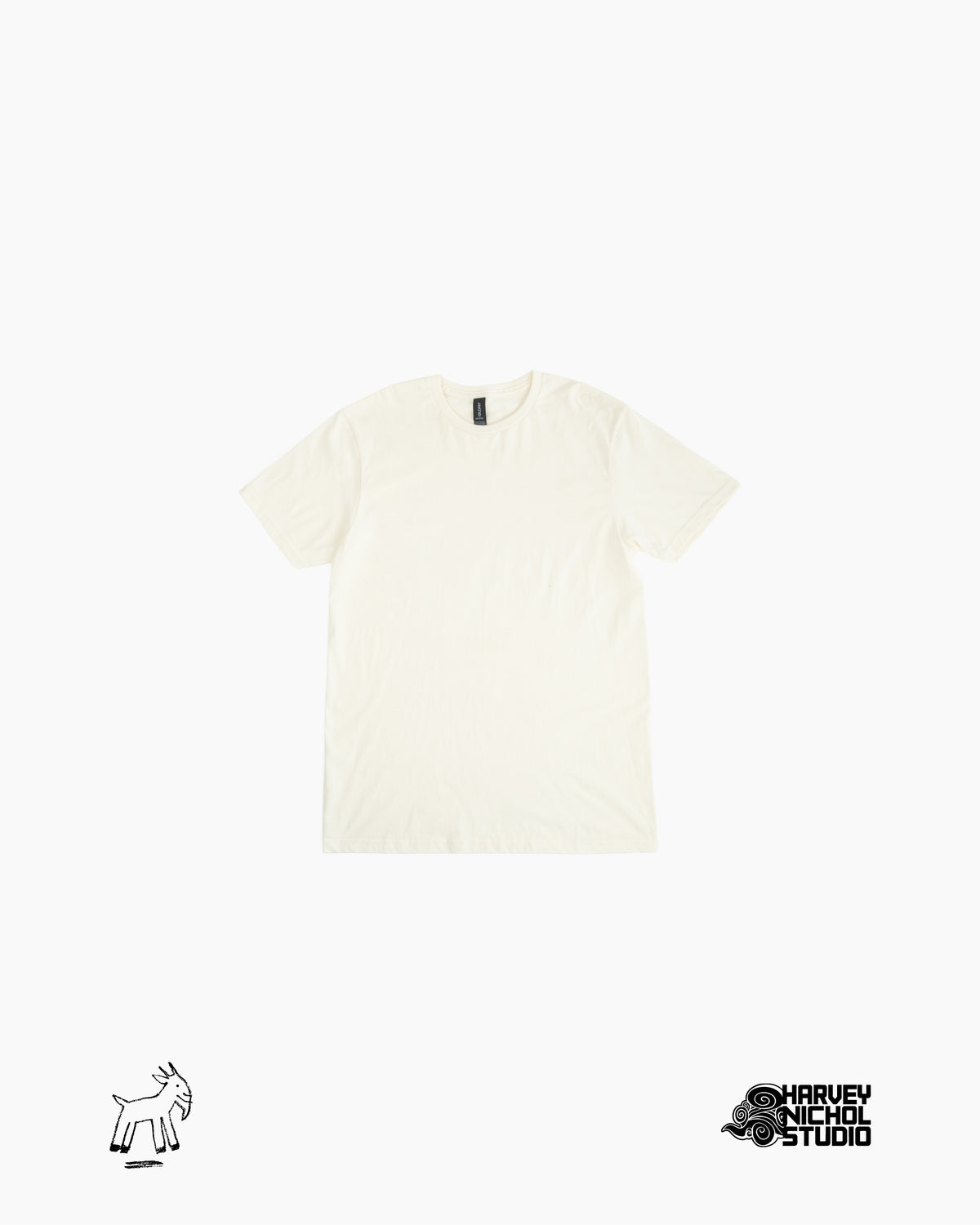 Front of beige shirt against white background with GOAT logo in lower left corner and Harvey Nichol Studio logo in lower right corner