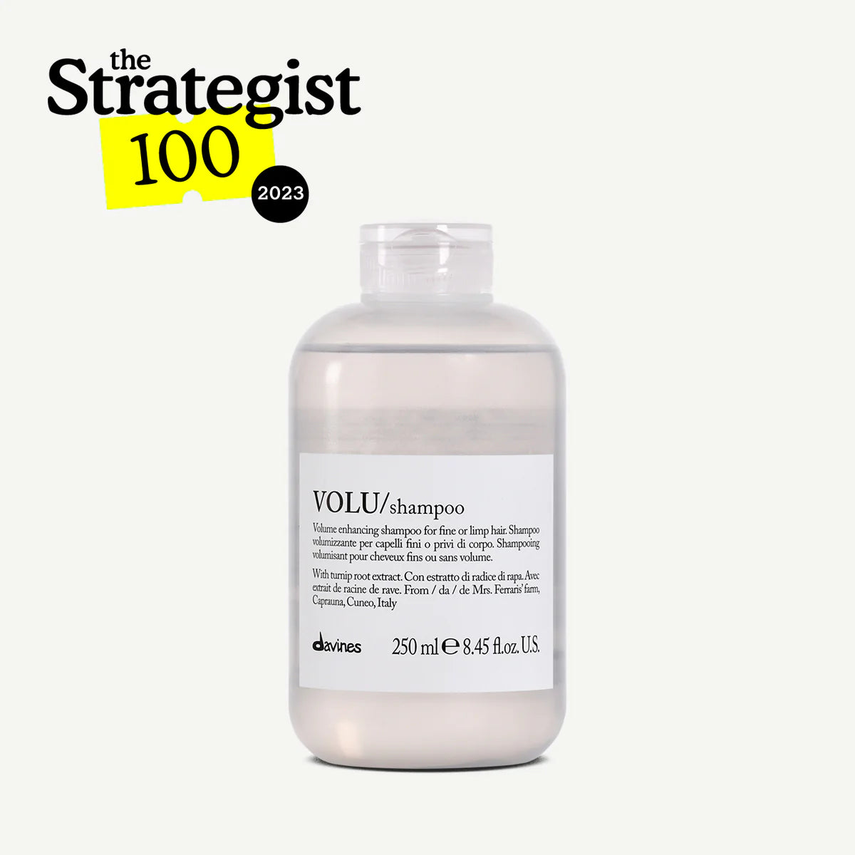 Davines Volu Shampoo with 'The Strategist 100' and '2023' text on a white background