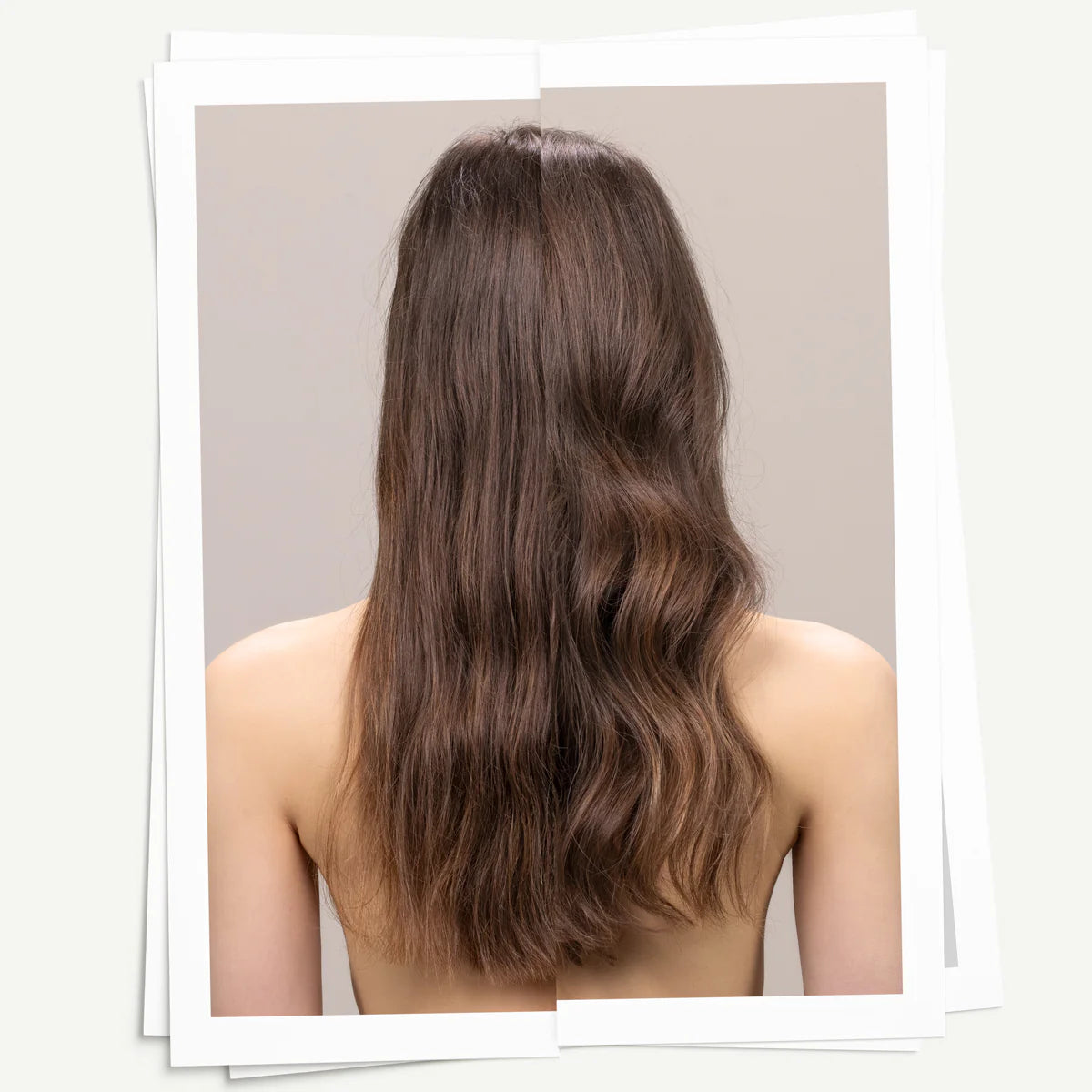 Split photo showing before and after using Volume Boosting Mousse on long, wavy brown hair on a neutral background