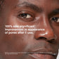 Close-up of a person's face with text about pore improvement after use of Malin+Goetz grapefruit face cleanser.