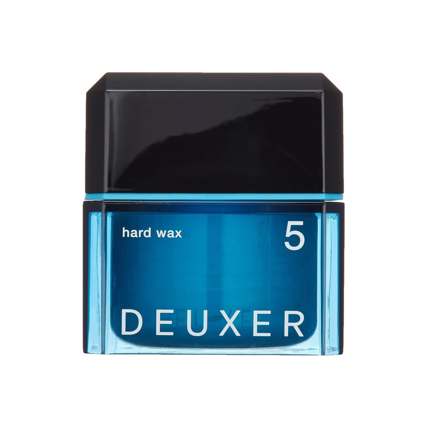 Blue and black container of DEUXER hard wax on a white background
