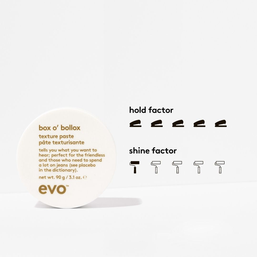 Evo box o' bollox texture paste with hold and shine factor ratings on a white background