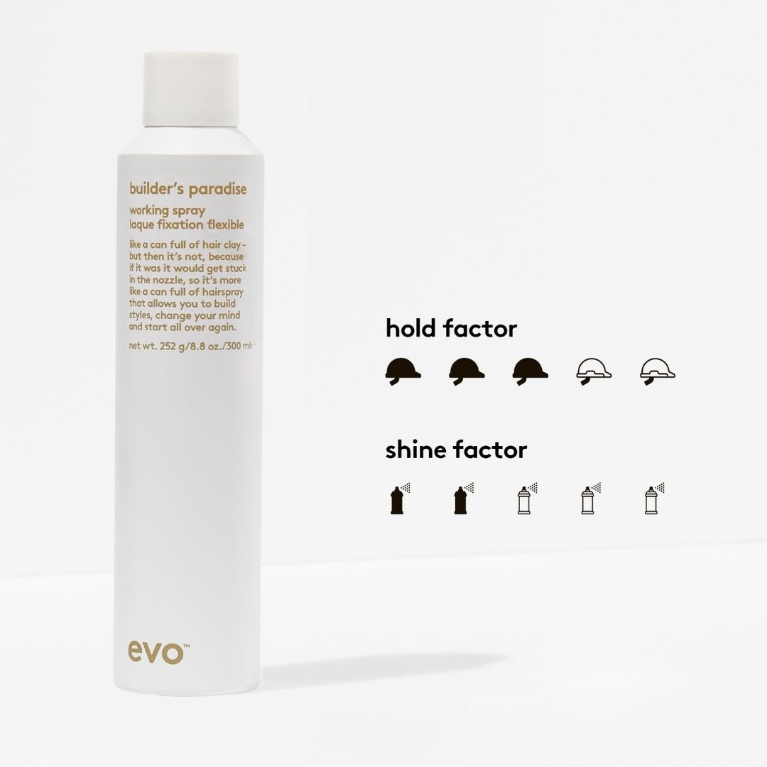Evo hair spray bottle with hold and shine factor icons on a white background