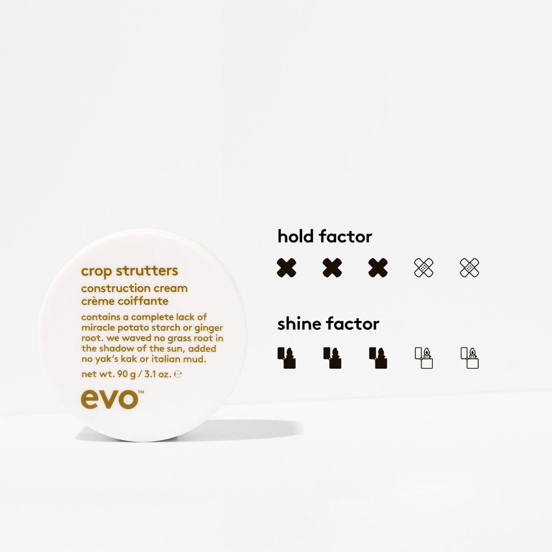 Evo crop strutters construction cream container with feature icons on a white background