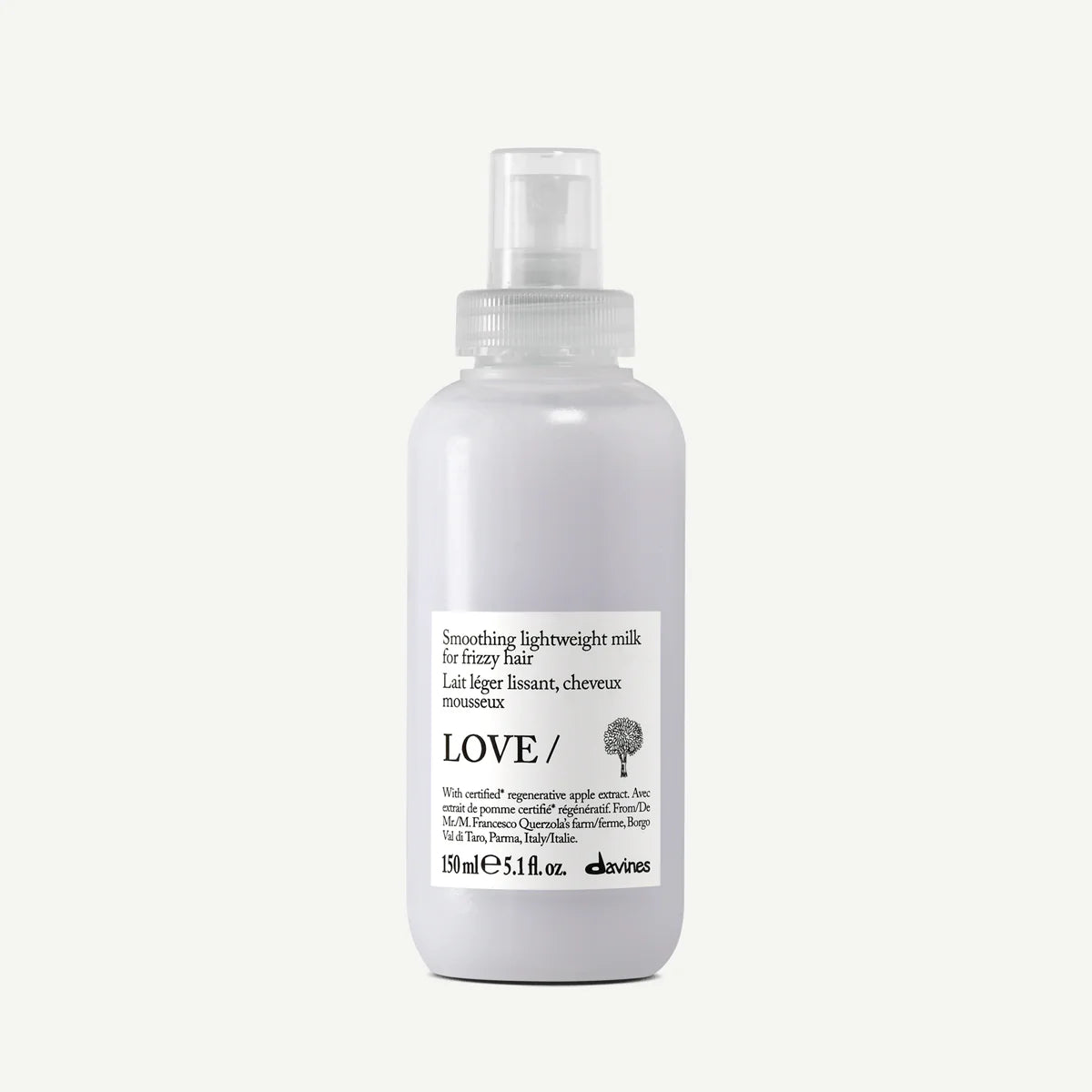 Bottle of Davines Love Smoothing Serum with label on a white background
