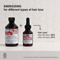 Two bottles of haircare products with text that reads "Energizing for different types of hair loss; hair loss* after 56 days -25%, after 84 days -27%"; displays a Certified B Corp badge