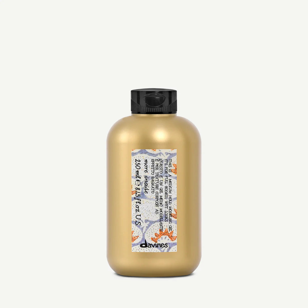 Bottle of Davines Medium Hold Modeling Gel with black cap on a white background
