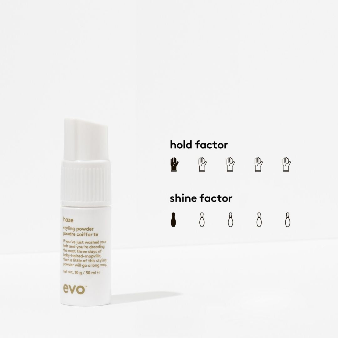White bottle of evo hair product with 'hold factor' and 'shine factor' icons on a white background