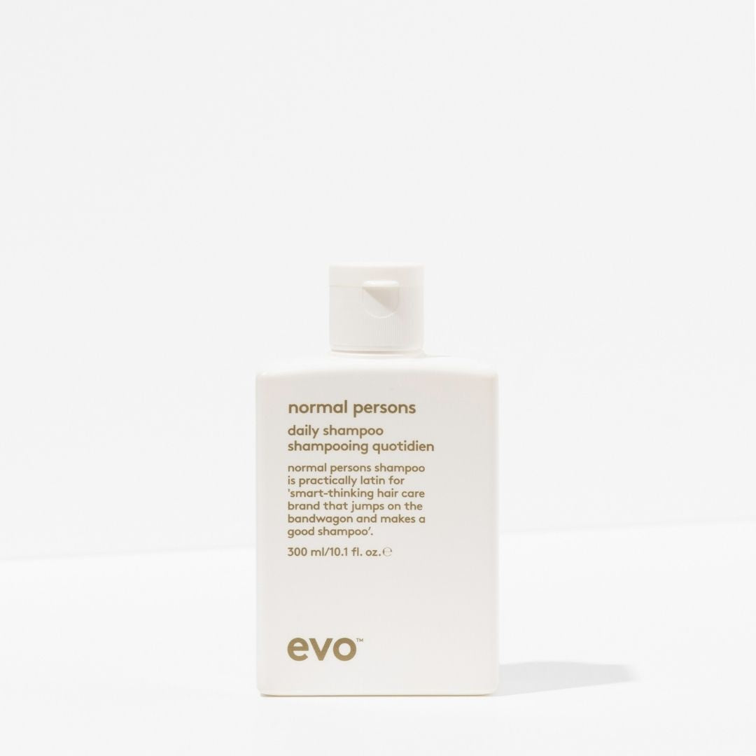 Evo normal persons daily shampoo packaging on a white background