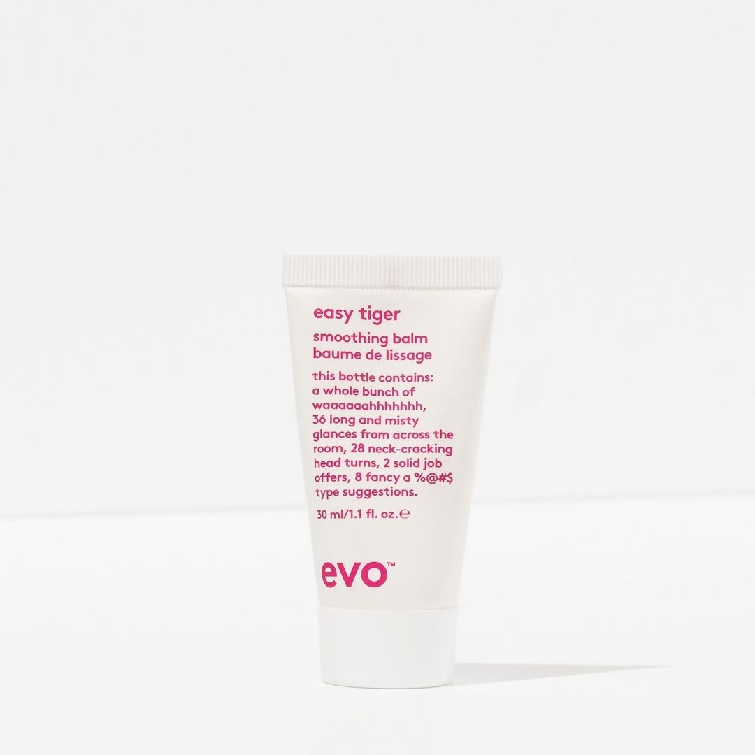 Evo easy tiger smoothing balm container with pink text on a white background