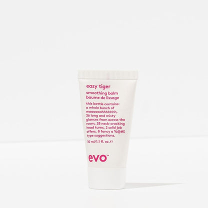 Evo easy tiger smoothing balm container with pink text on a white background