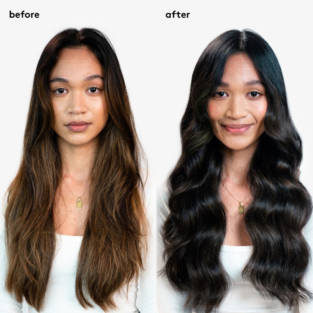 Before and after comparison of hair styling with a person wearing a white top.