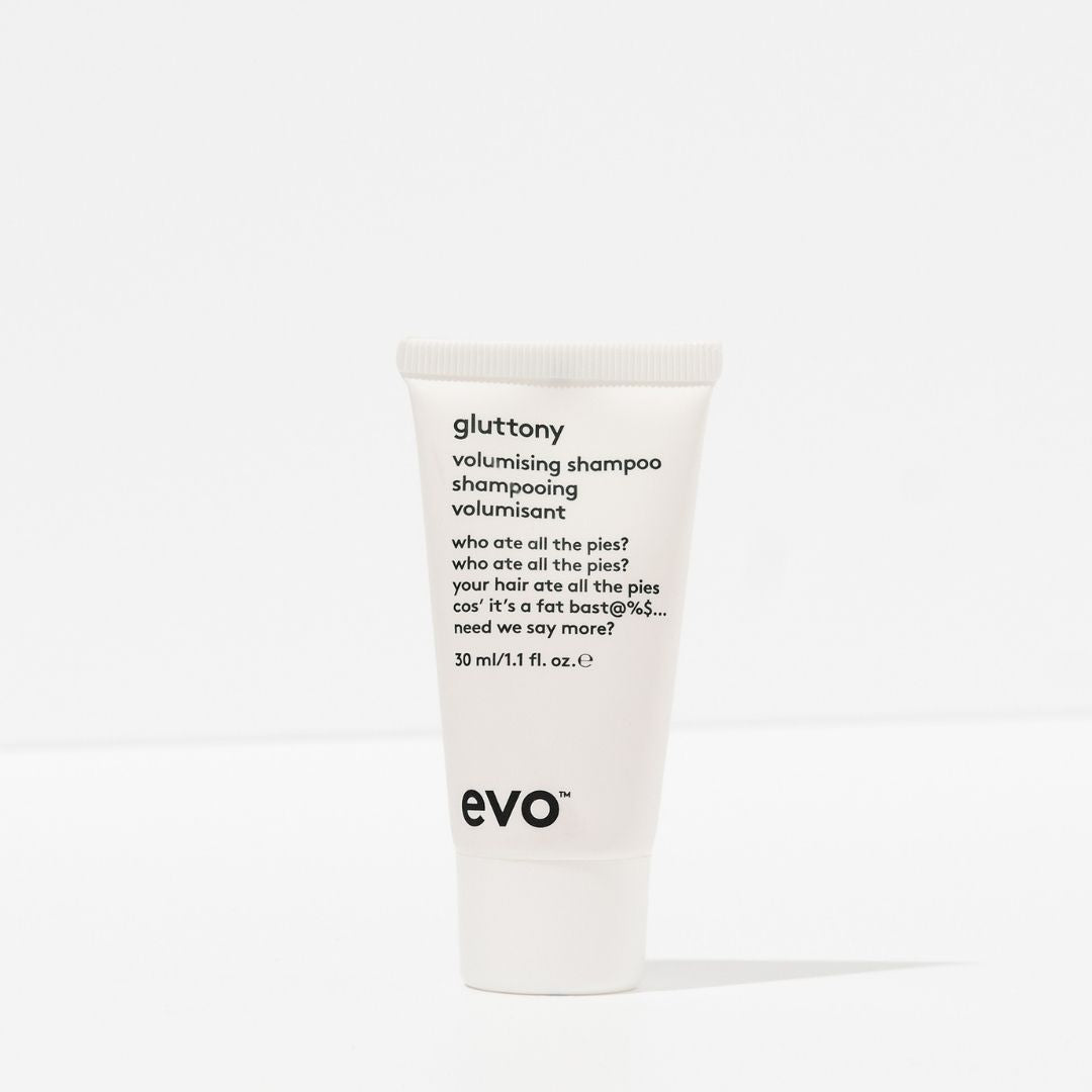 Evo gluttony volumising shampoo bottle on a white background