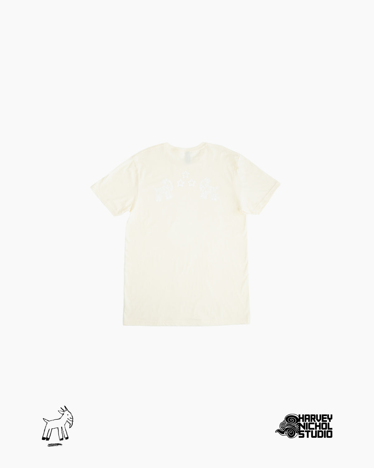 Back of beige shirt against white background with GOAT logo in lower left corner and Harvey Nichol Studio logo in lower right corner
