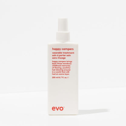 Evo happy campers hair treatment bottle on a white background