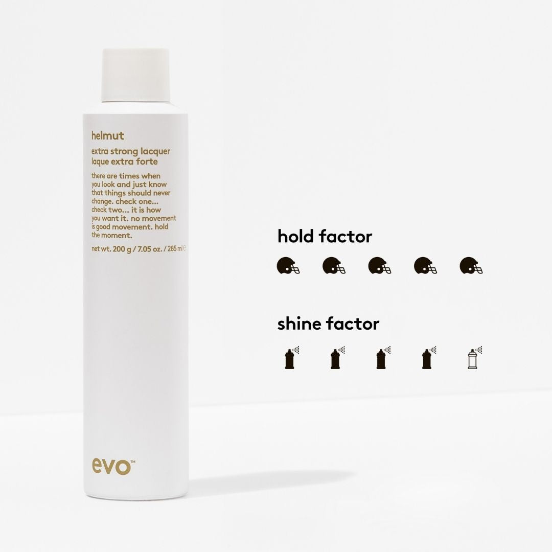 evo hair product bottle with hold and shine factor indicators on a white background