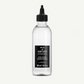 Clear bottle with black cap and label on a white background