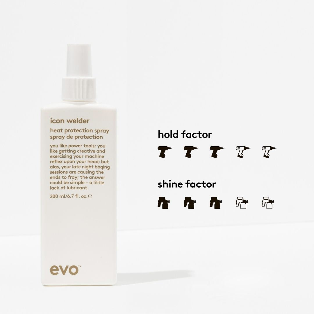 Evo icon weider heat protection spray bottle with text and icons on a white background