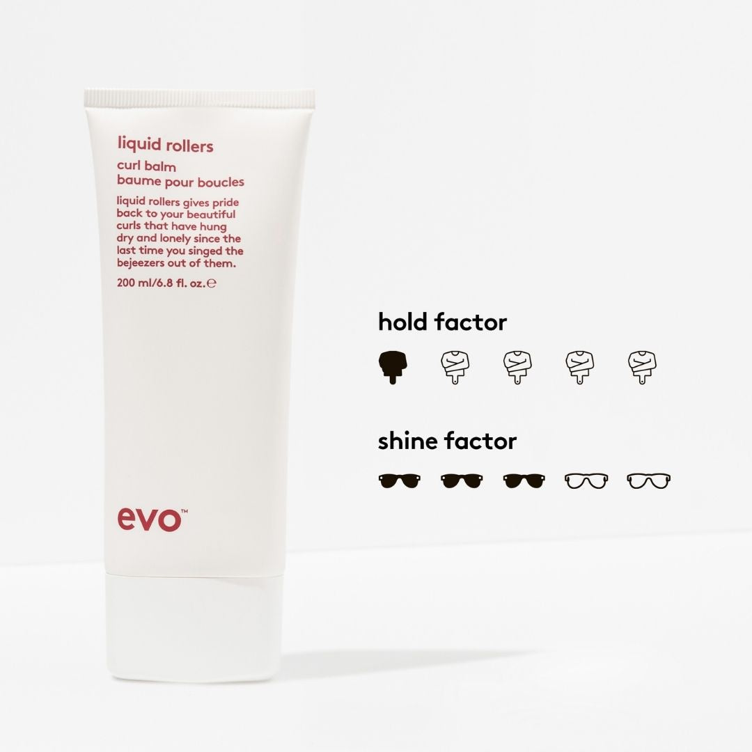 Evo liquid rollers curl balm packaging with hold and shine factor ratings on a white background