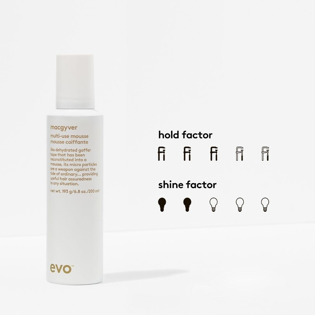 Evo Macgyver multi-use mousse bottle with hold and shine factor indicators on a white background