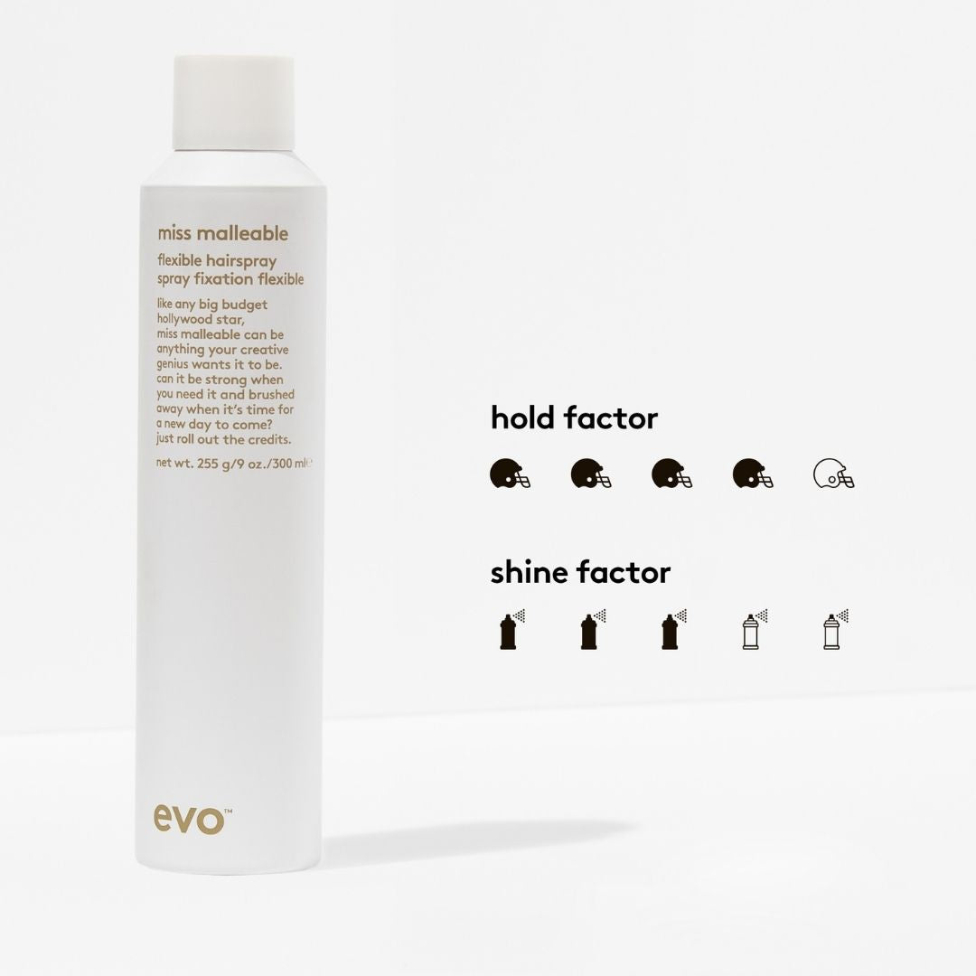 Evo miss malleable hairspray bottle with hold and shine factor icons on a white background