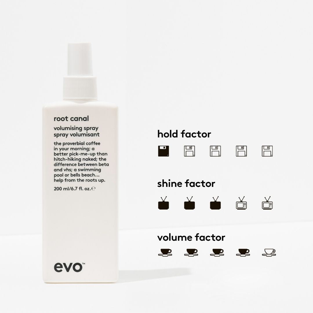 Evo root canal volumising spray with factor ratings on a white background