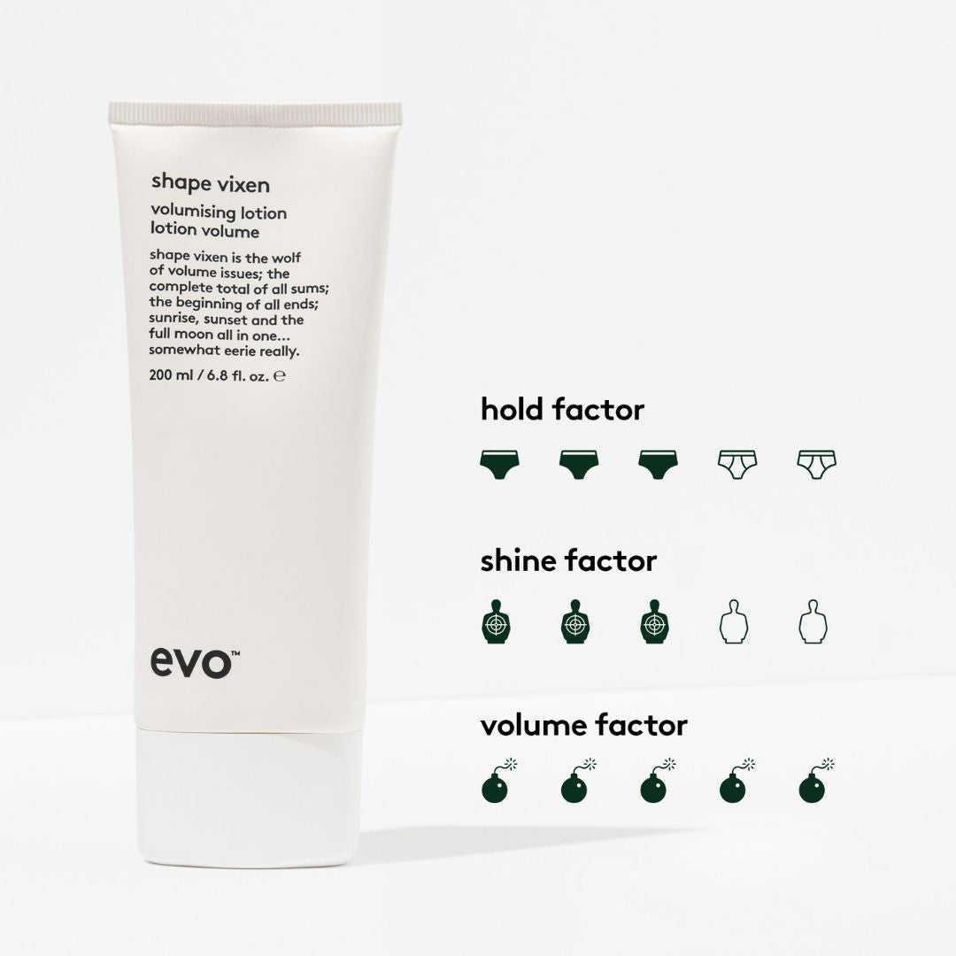 Evo shape vixen volumizing lotion with factor indicators on a white background
