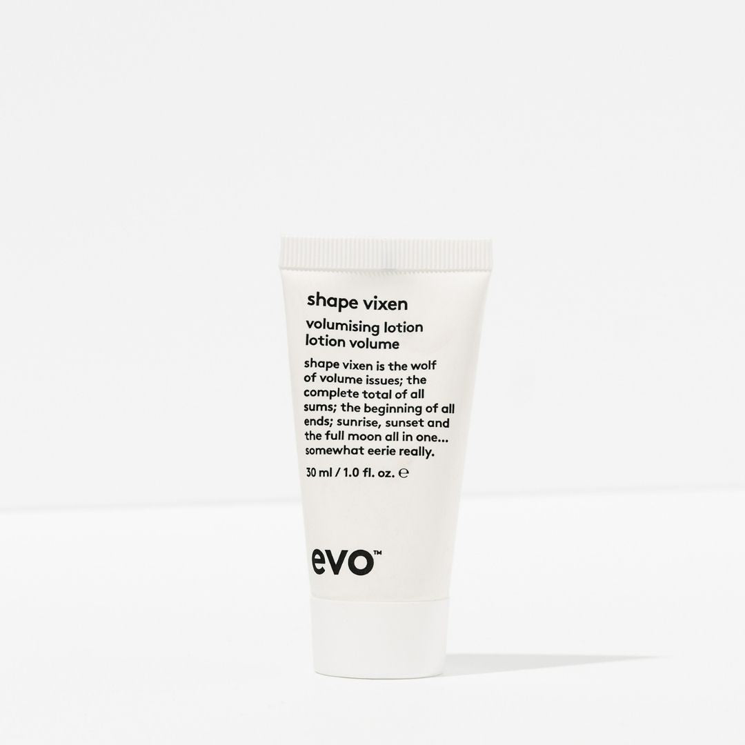 Evo Shape Vixen volumising lotion container on a white background