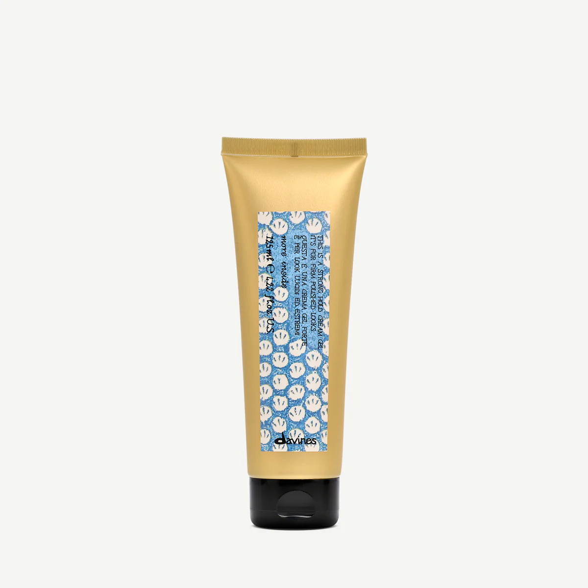 Gold tube of Davines Strong Hold Cream Gel with blue pattern on a white background