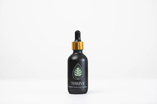 Black bottle with gold cap labeled 'Thrive' on a white background