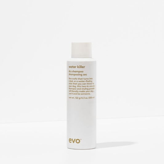 White bottle of evo water killer dry shampoo on a white background