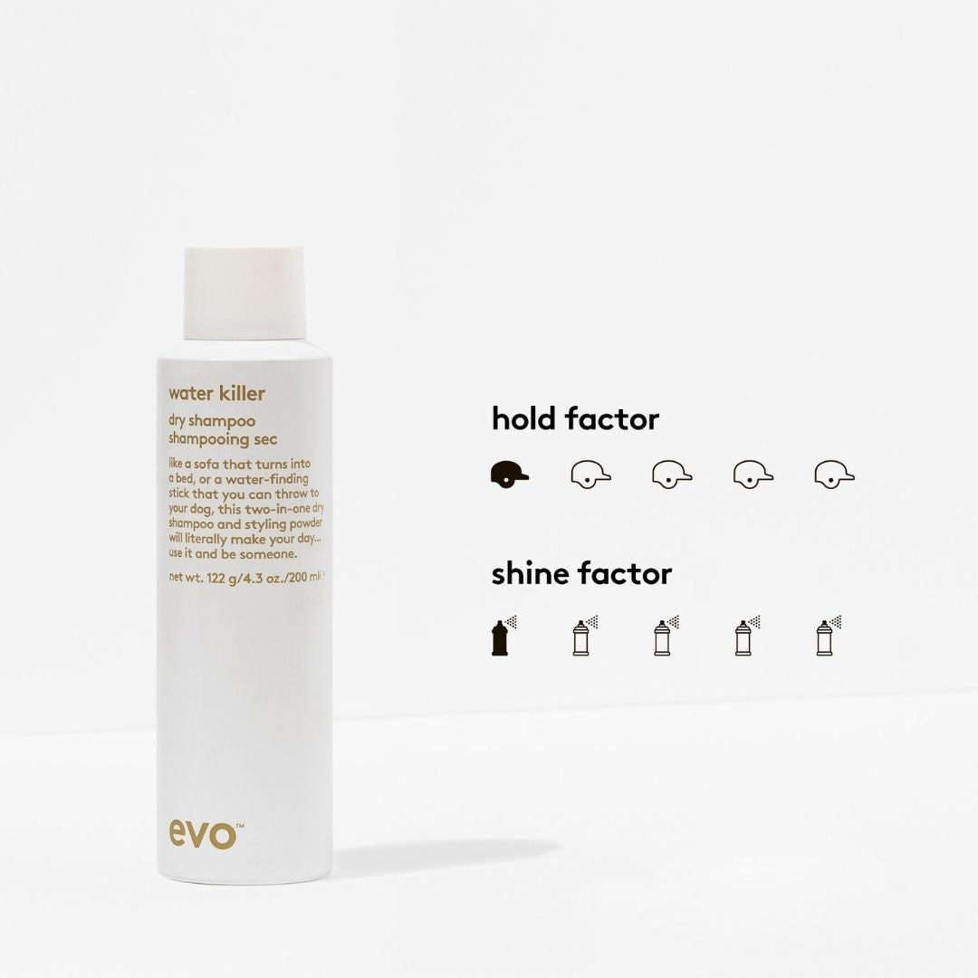 White bottle of dry shampoo with branding and product features on a white background