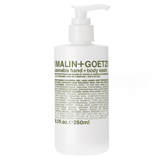 Malin+Goetz cannabis hand and body wash bottle on a white background