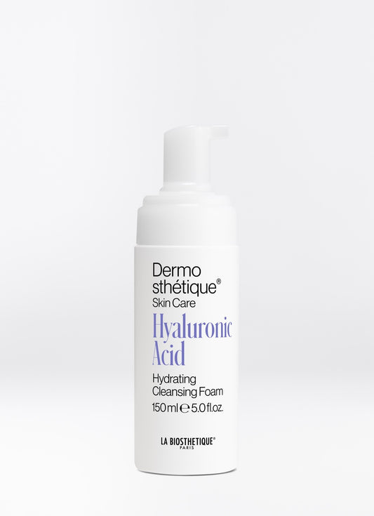 A white pump bottle of Dermosthétique Hyaluronic Acid Hydrating Cleansing Foam by La Biosthéque, shown on a clean white background.
