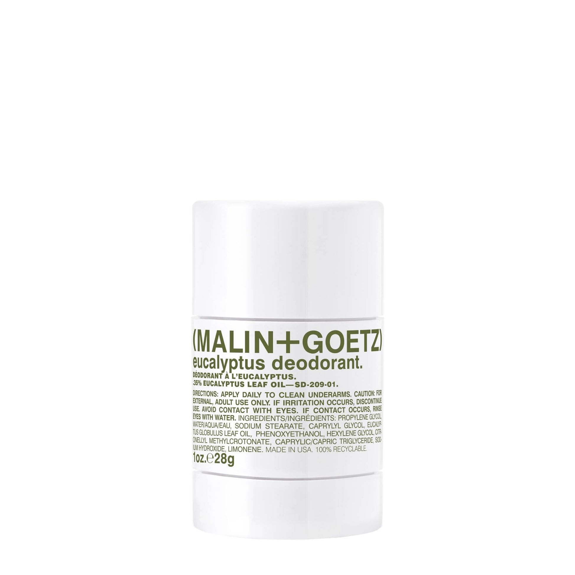 Malin+Goetz eucalyptus deodorant container on a white background