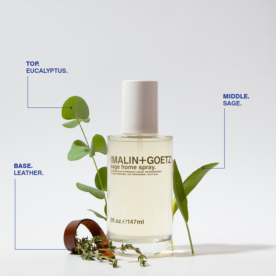 Malin+Goetz sage home spray bottle with eucalyptus leaves on a light background