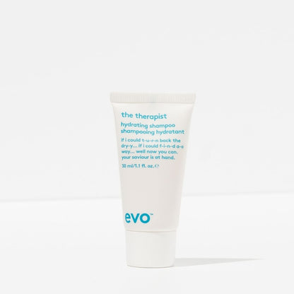 Tube of 'the therapist' hydrating shampoo by evo on a white background