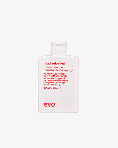 A bottle of Evo Ritual Salvation Repairing Shampoo against a white background